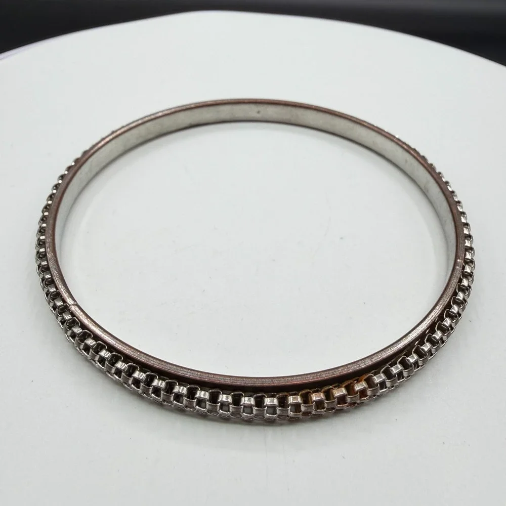 Silver Tone Woven Chain Bangle Bracelet Textured Mesh Stackable Minimalist Gift